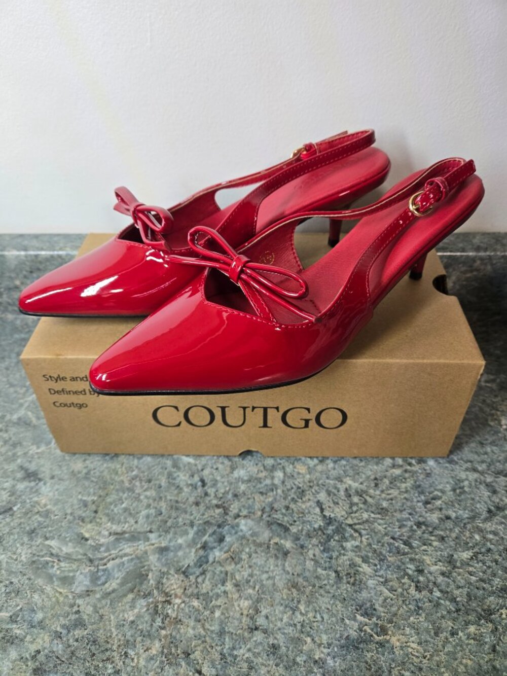 Coutgo Women’s Slingback Kitten Heels Bow Pointed Toe Pumps Red Size 7.5 Classic